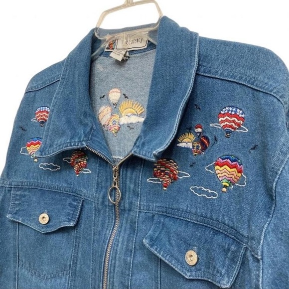 Vintage 90’s Embroidered Denim Jacket Hot Air Balloons Cottagecore Women’s Large - Picture 4 of 7